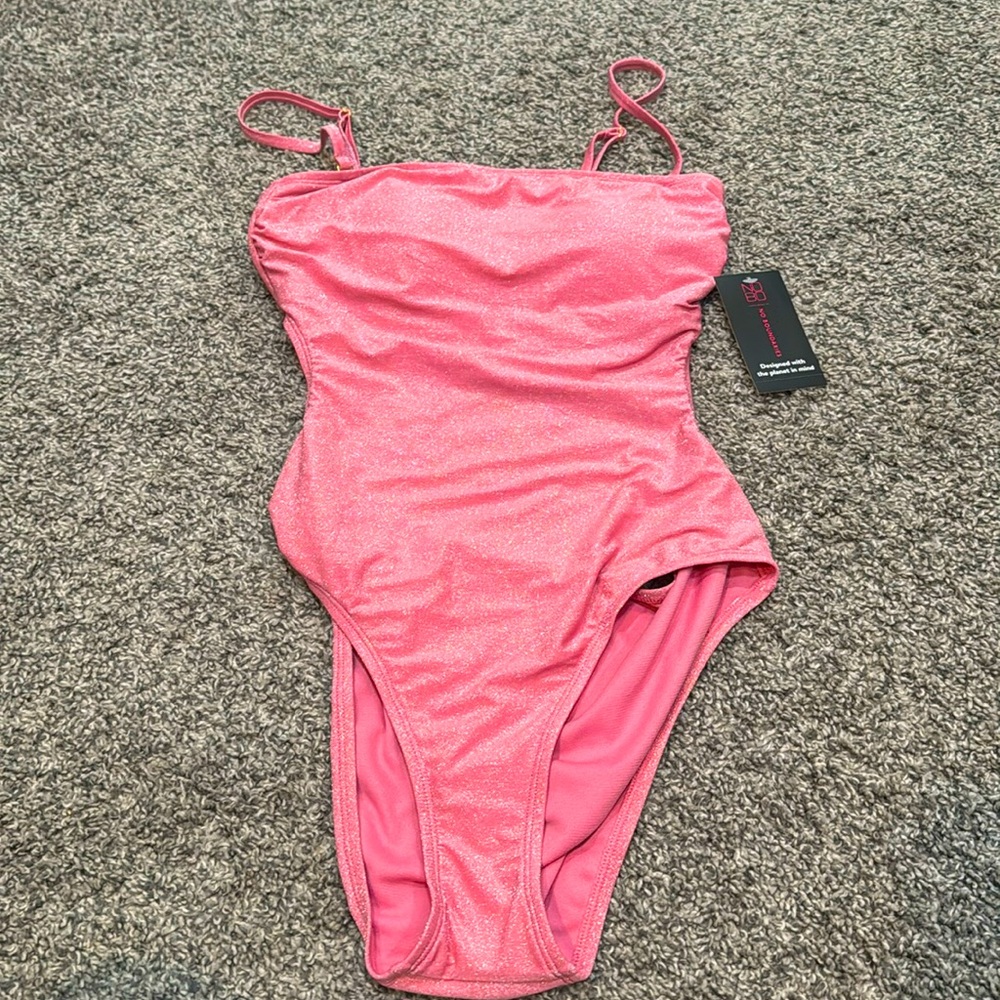 NWT Glitter shimmer metallic pink one piece bathing suit
